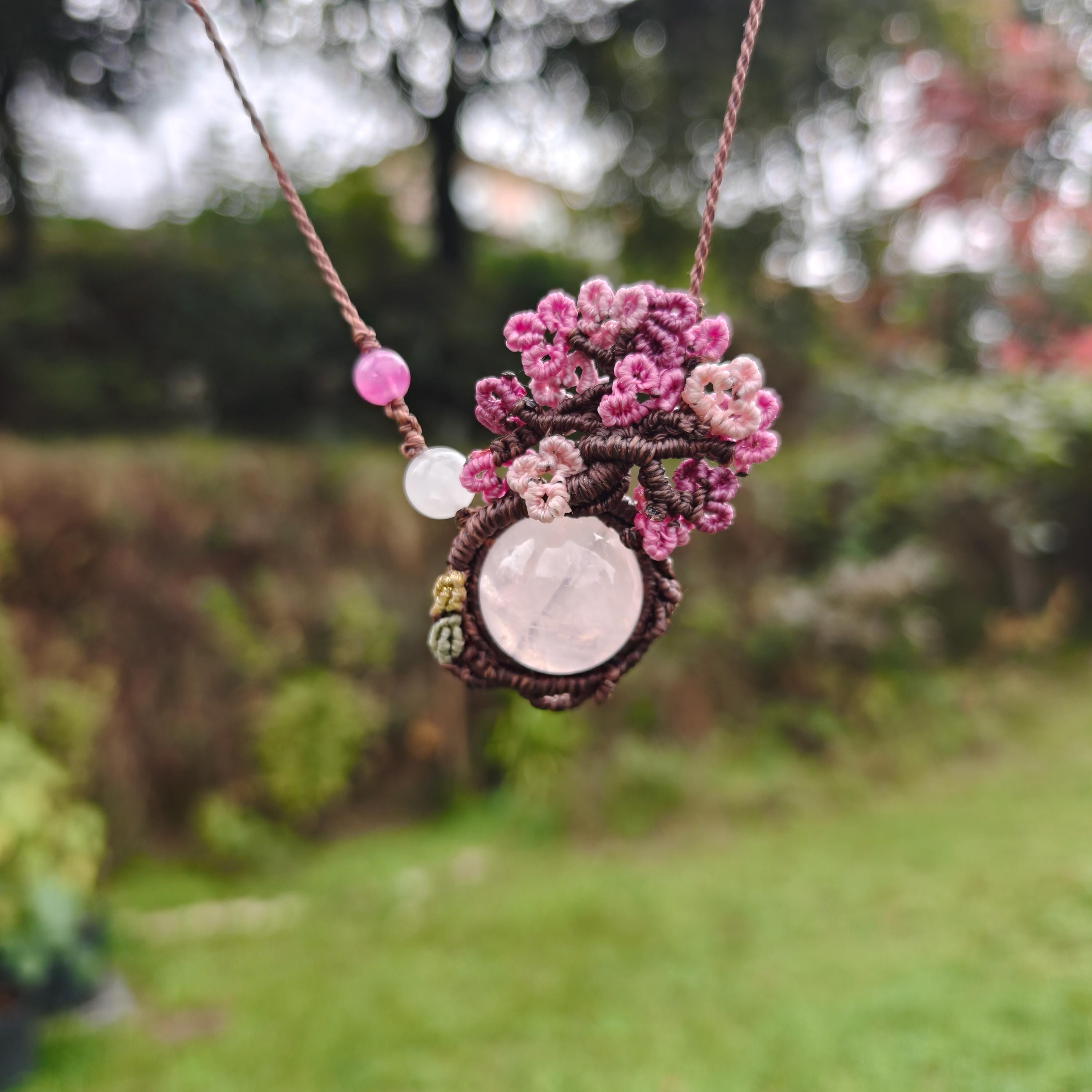 Tree of Love Necklace: Handmade Macrame Rose Quartz Pendant