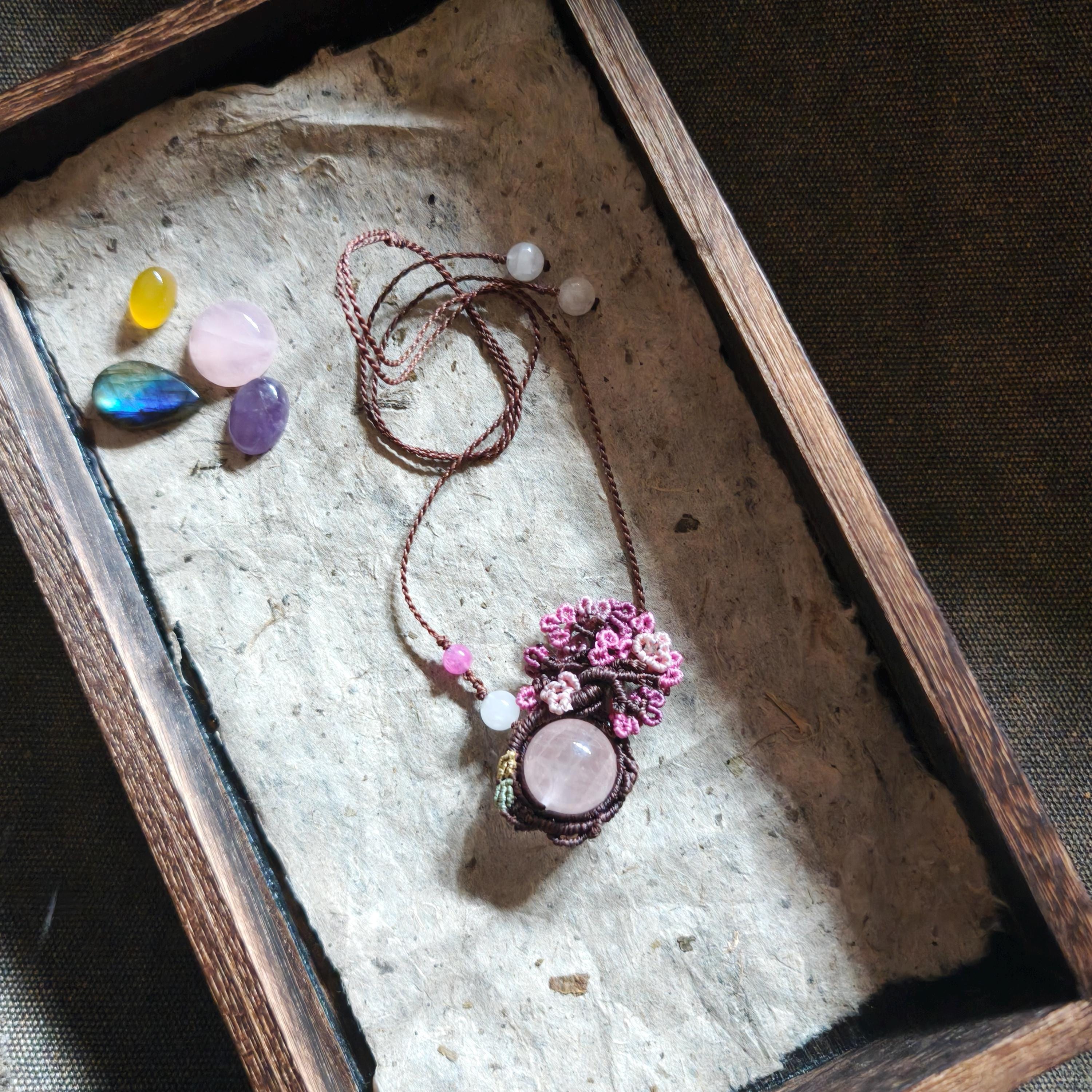 Tree of Love Necklace: Handmade Macrame Rose Quartz Pendant