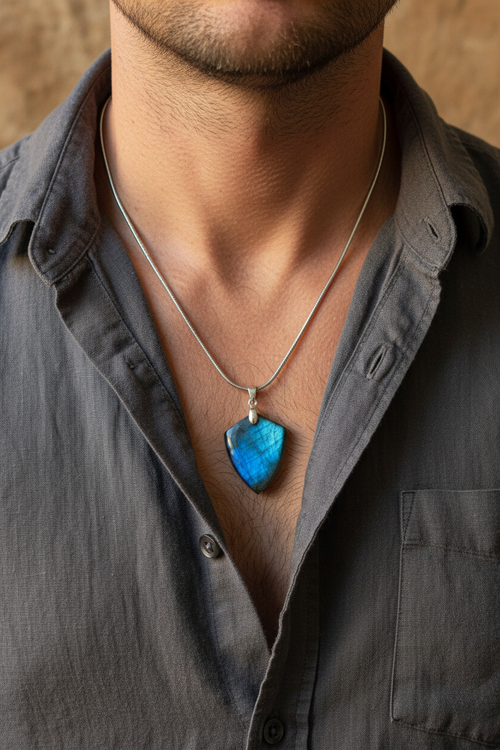 AAA Shield-Shaped Labradorite Necklace - Male model close-up