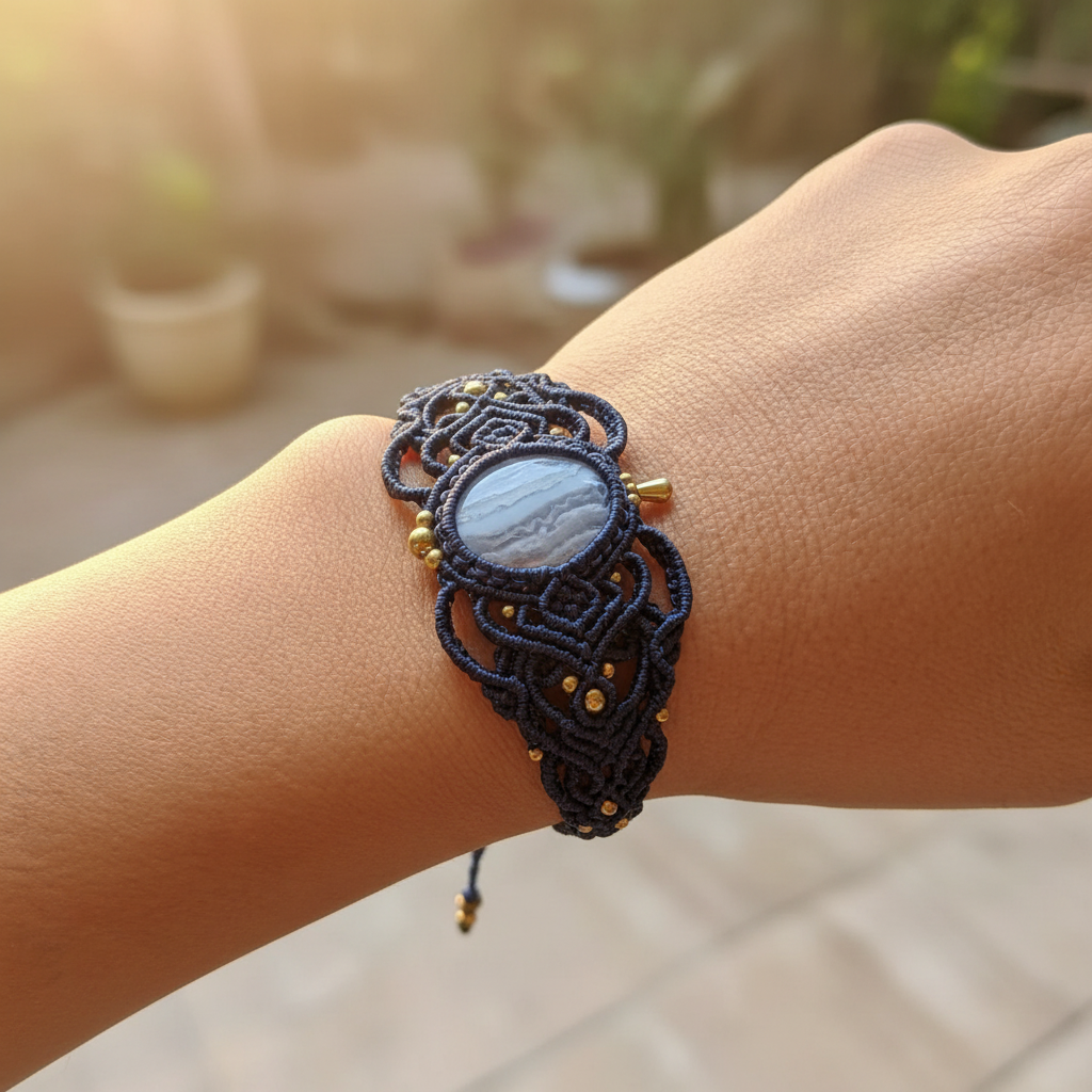 Blue Lace Agate Macrame Bracelet - Lifestyle close-up