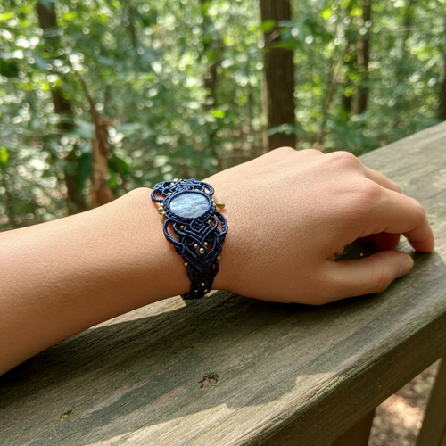 Blue Lace Agate Macrame Bracelet - Lifestyle outdoor setting