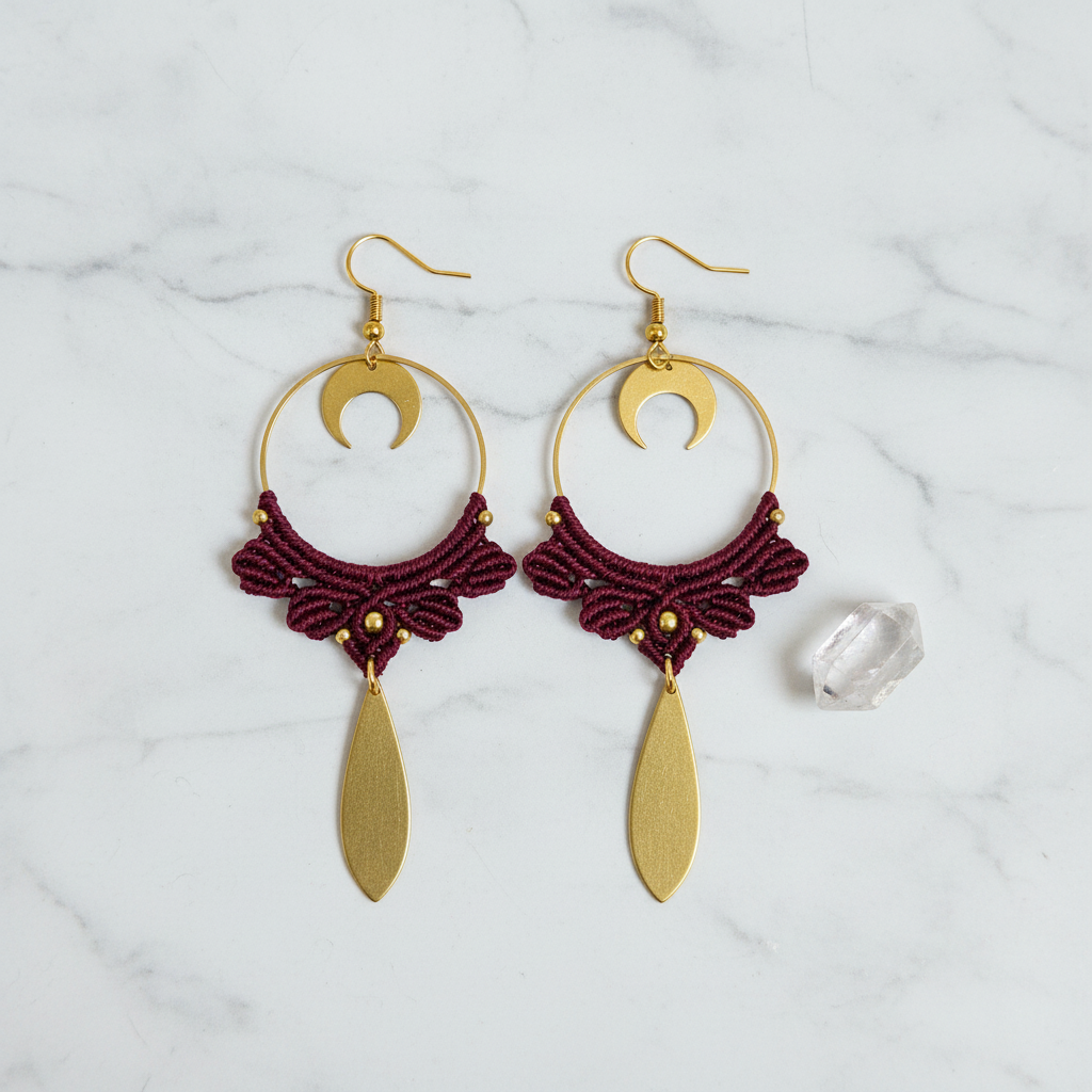 Boho Crescent Moon Dangle Earrings - Burgundy