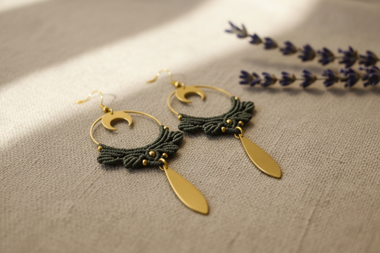 Boho Crescent Moon Dangle Earrings - Close-up based on listing