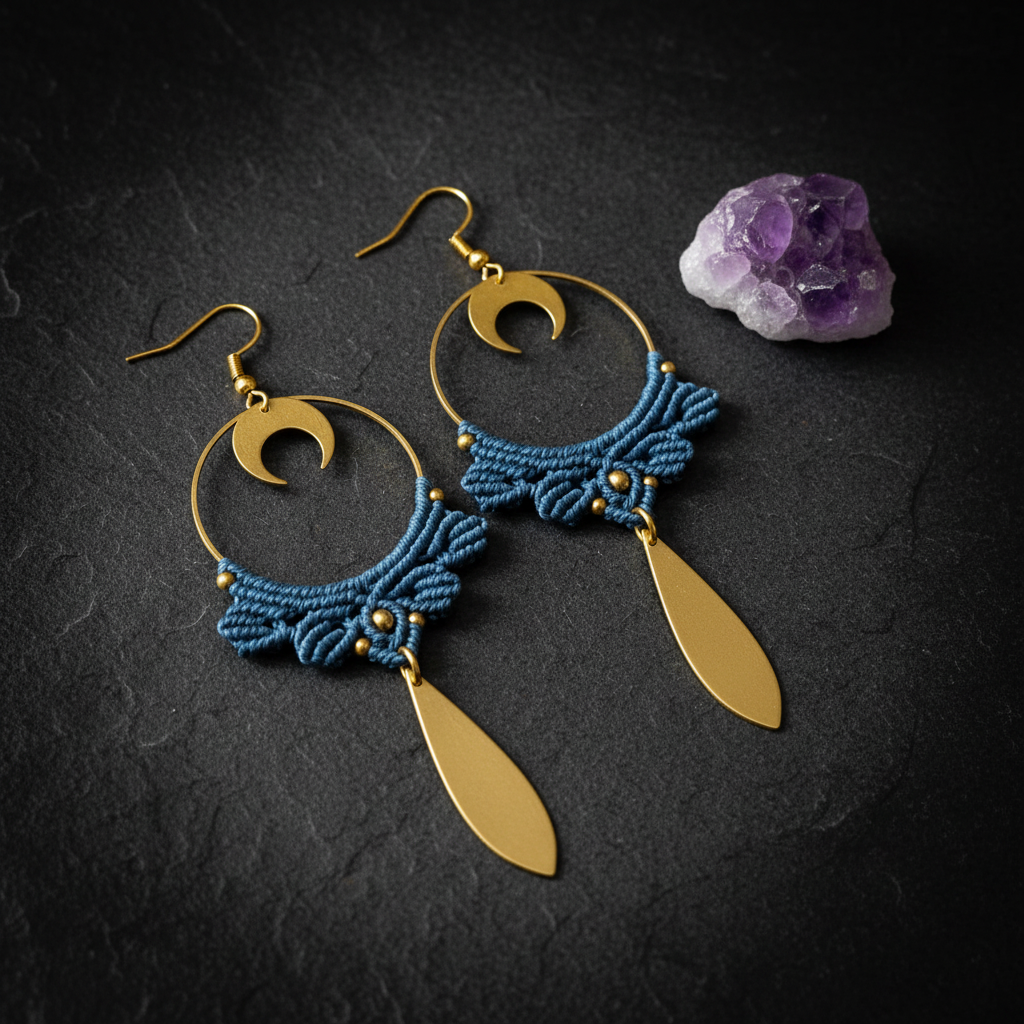 Boho Crescent Moon Dangle Earrings - Dark slate with dramatic lighting