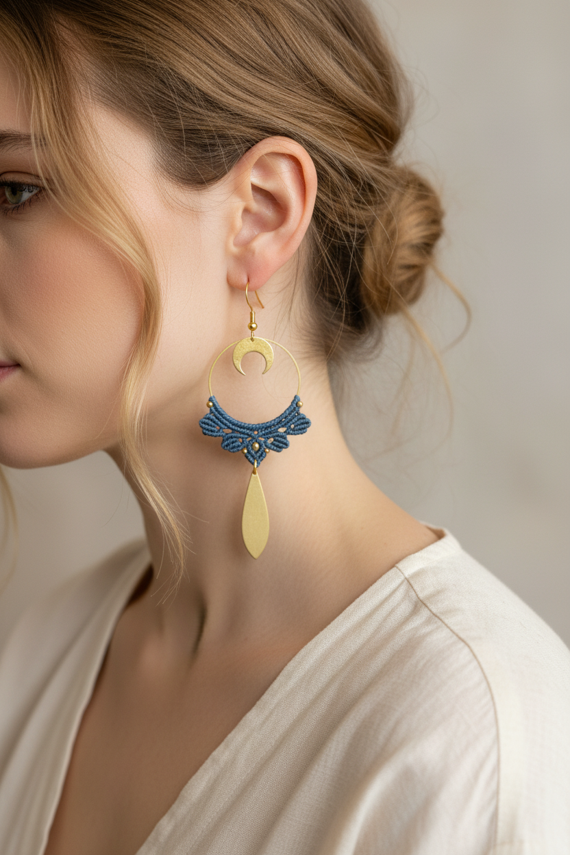 Boho Crescent Moon Dangle Earrings - Lifestyle worn by model