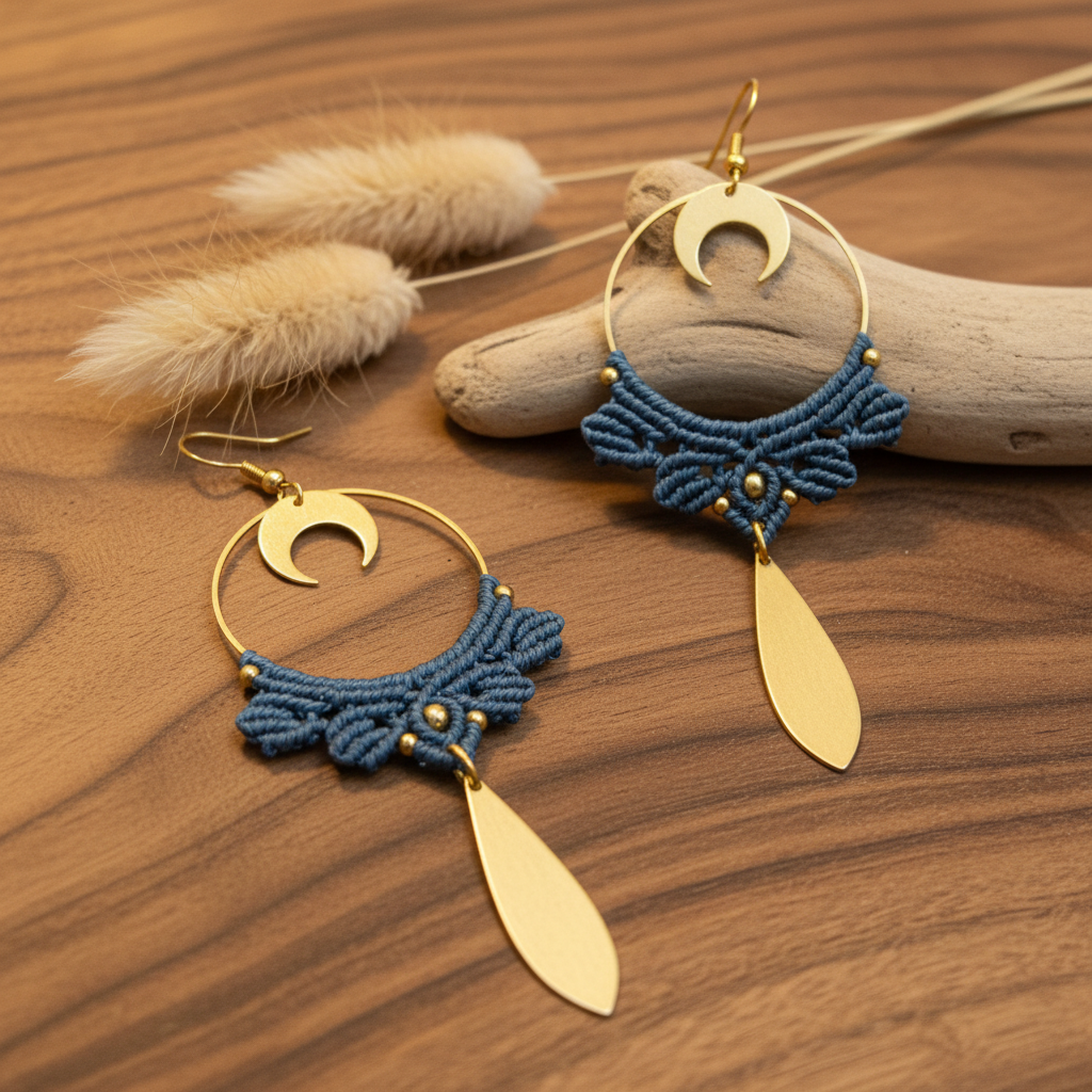 Boho Crescent Moon Dangle Earrings - Natural wood surface