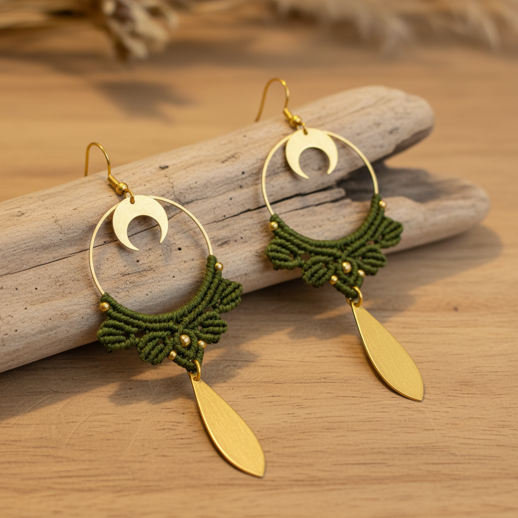 Boho Crescent Moon Dangle Earrings - Olive Green