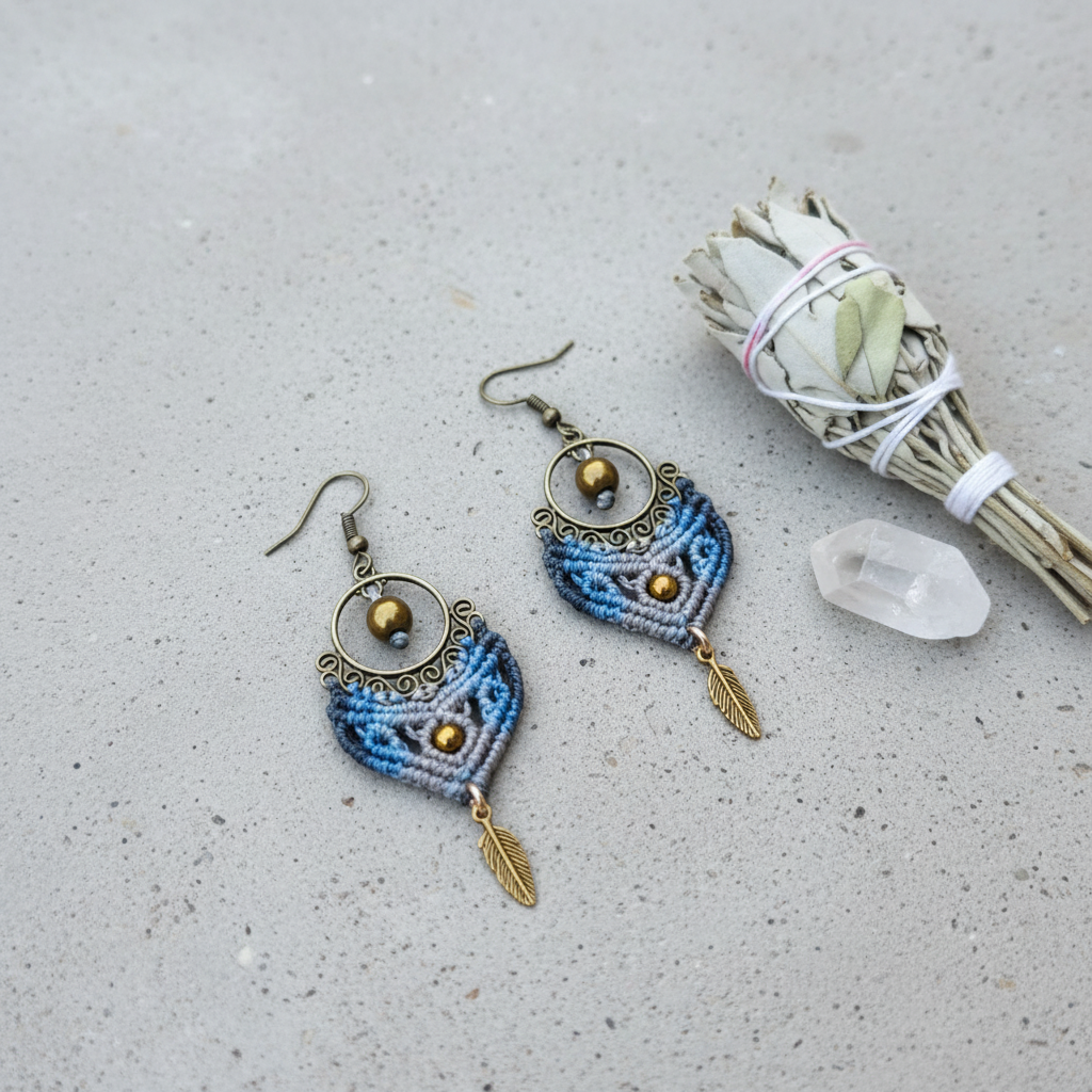 Boho Macrame Earrings - Grey concrete surface