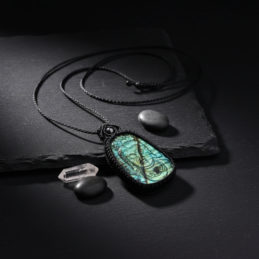 Buddha pendant - Unique Labradorite - Black slate with mystical lighting