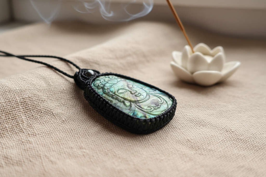 Buddha pendant - Unique Labradorite - Close-up on linen