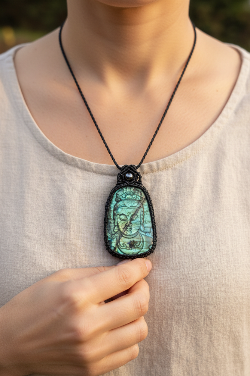 Buddha pendant - Unique Labradorite - Lifestyle close-up with hand