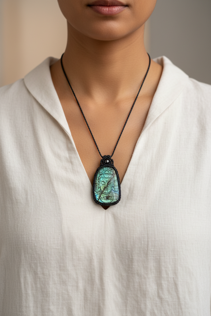 Buddha pendant - Unique Labradorite - Lifestyle front view