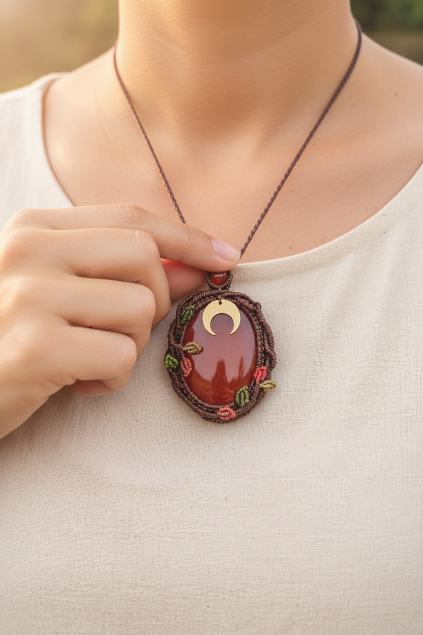 Carnelian Tree of Life Pendant - Lifestyle close-up with hand