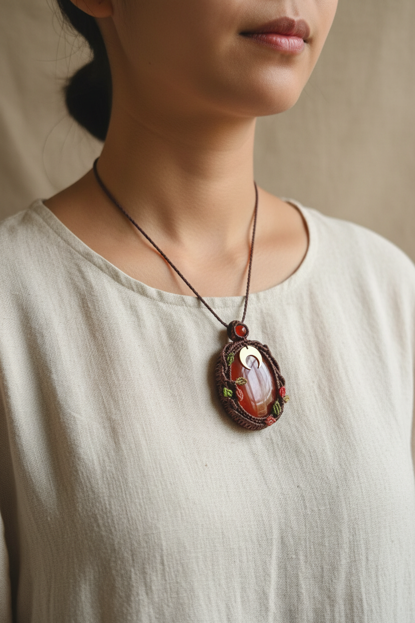 Carnelian Tree of Life Pendant - Lifestyle front view (correct details)
