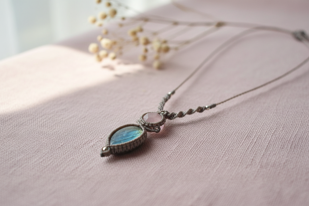 Labradorite and Rose Quartz Necklace - Close-up on pink linen