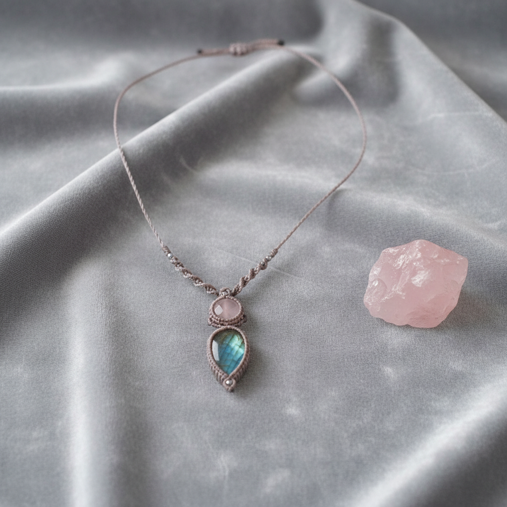 Labradorite and Rose Quartz Necklace - Grey velvet with ethereal lighting