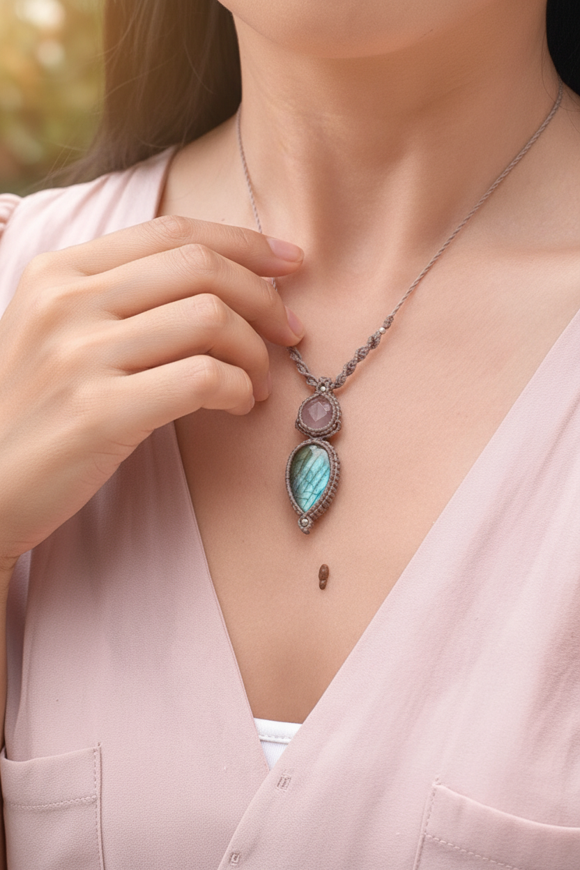 Labradorite and Rose Quartz Necklace - Lifestyle close-up with hand