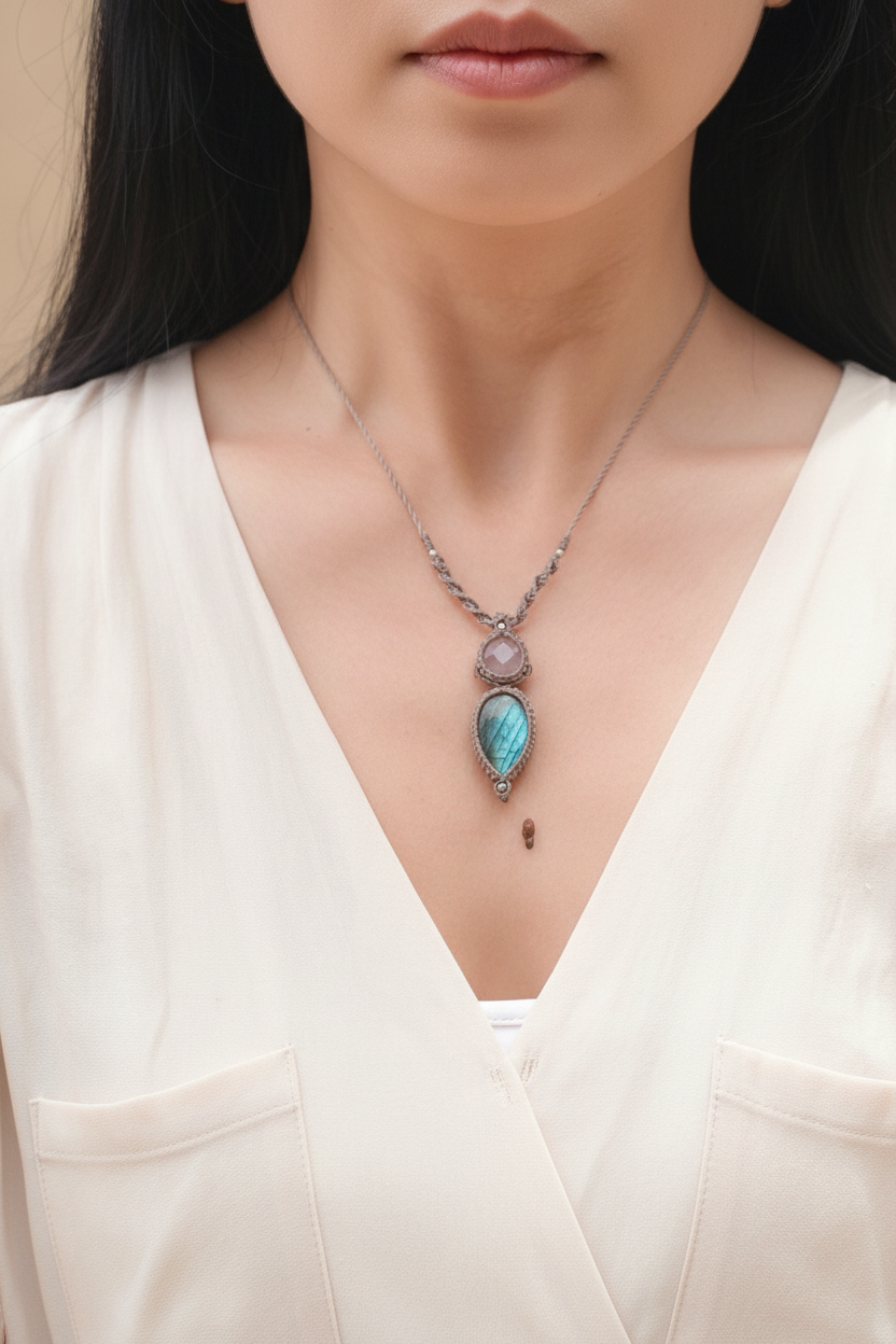 Labradorite and Rose Quartz Necklace - Lifestyle front view