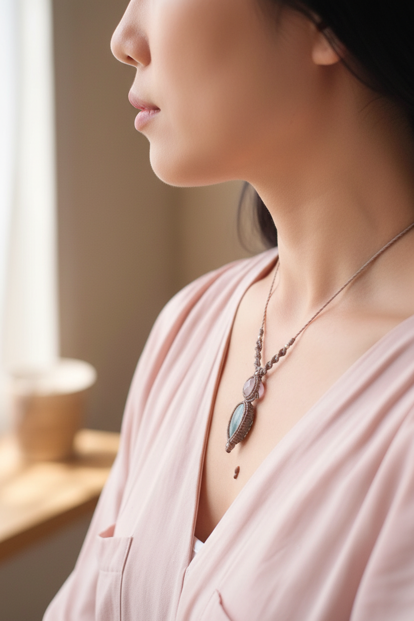 Labradorite and Rose Quartz Necklace - Lifestyle side angle