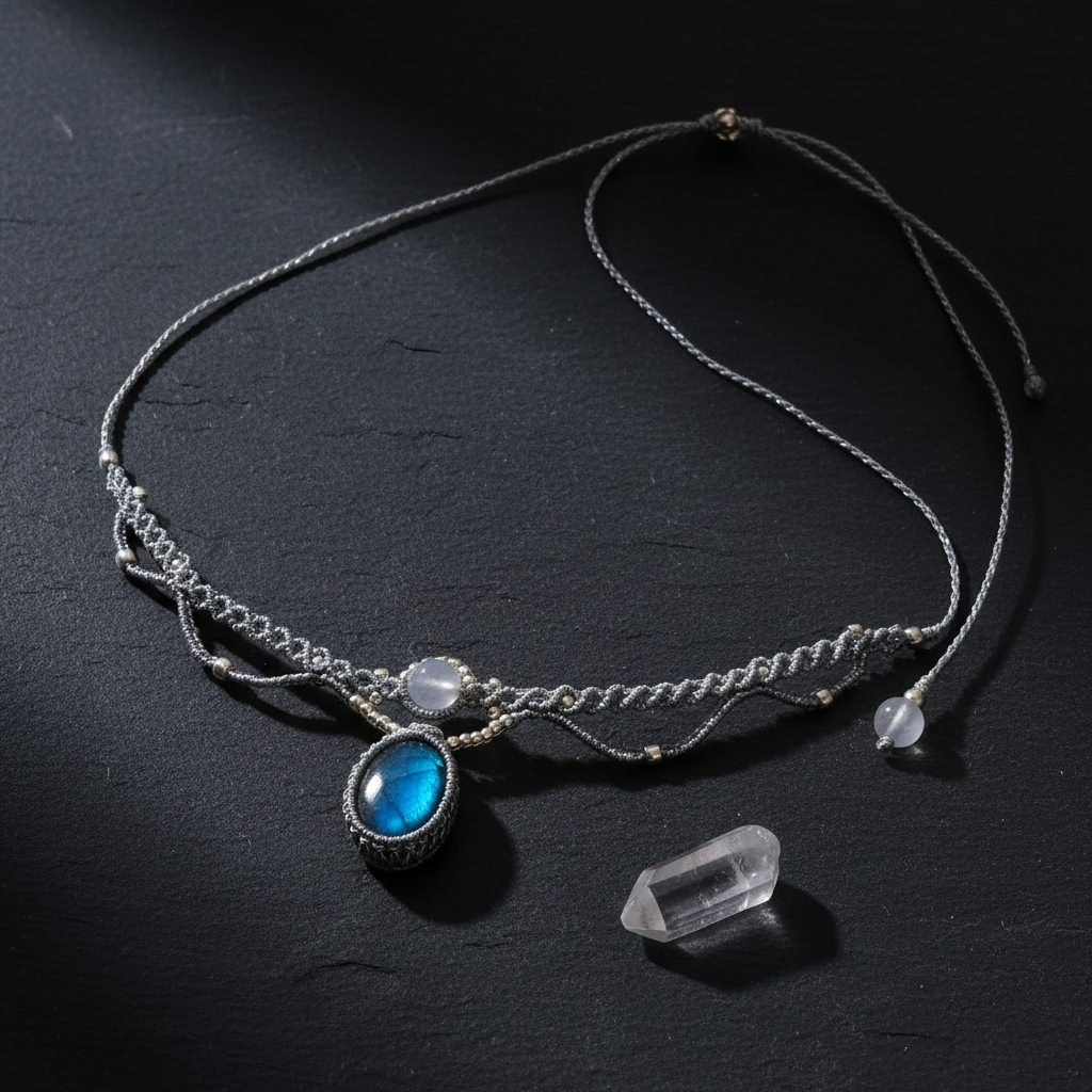 Labradorite Necklace - Black slate with moody lighting