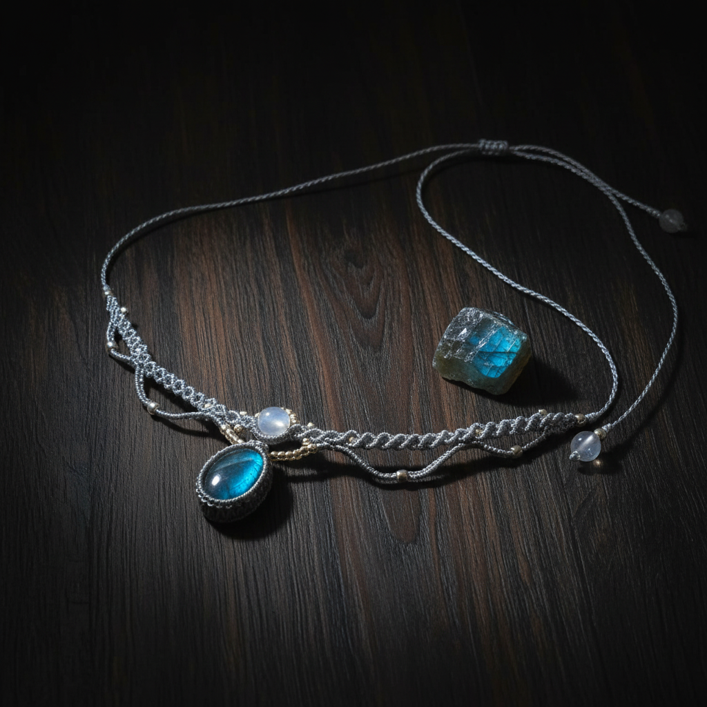 Labradorite Necklace - Dark wood with dramatic lighting