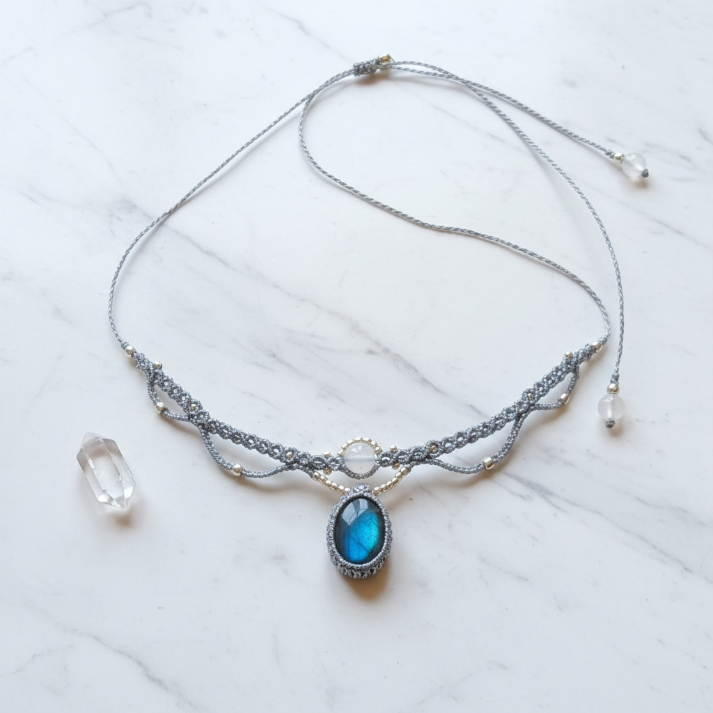 Labradorite Necklace - White marble overhead