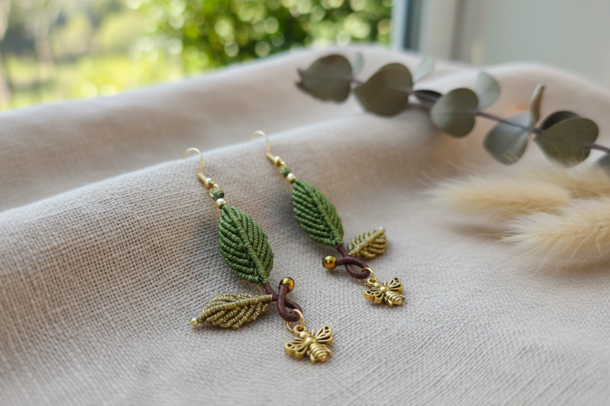 Leaf Macrame Earrings - Close-up on linen