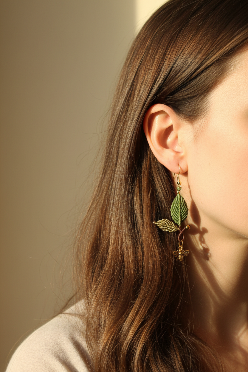 Leaf Macrame Earrings - Indoor close-up with correct 2 leaves