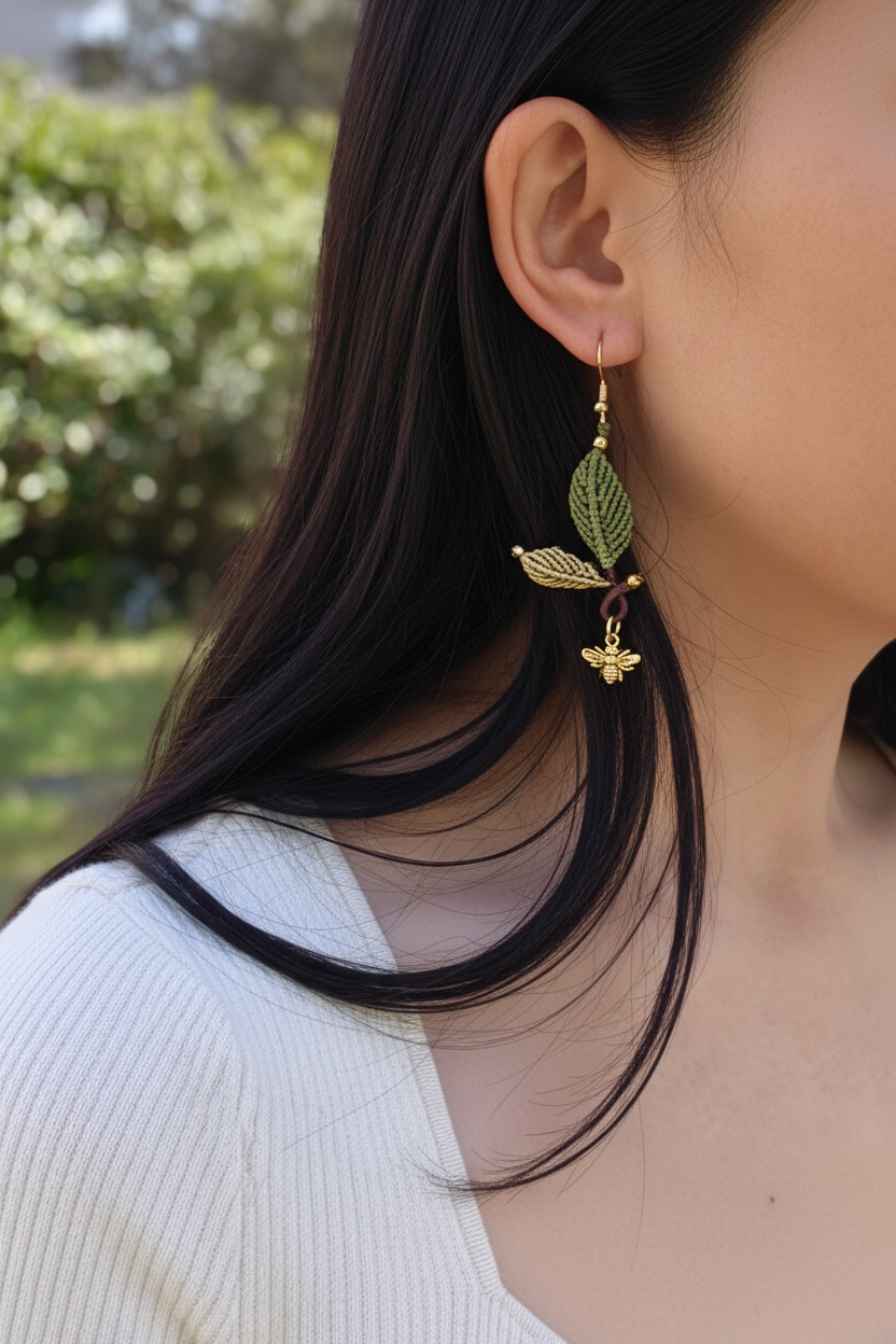 Leaf Macrame Earrings - Lifestyle outdoor setting with 2 leaves