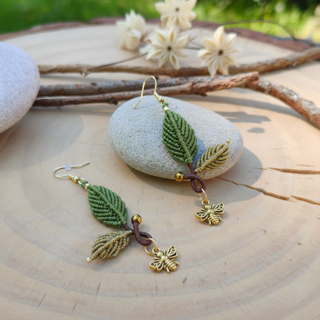 Leaf Macrame Earrings - Natural wood surface