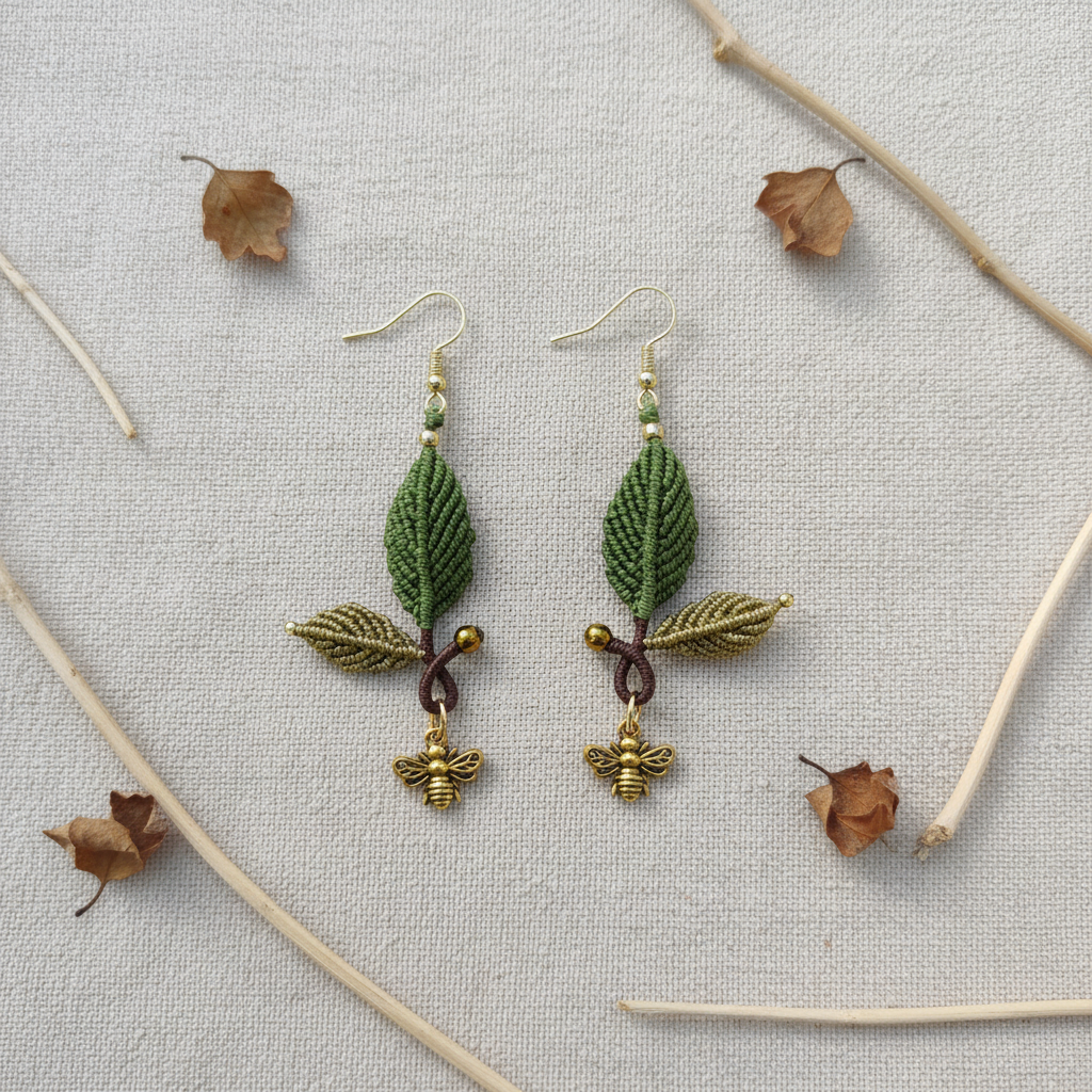 Leaf Macrame Earrings - Sand-colored surface