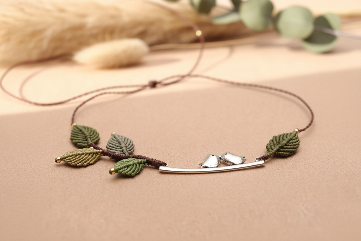 Macrame Bird Necklace - Close-up on linen