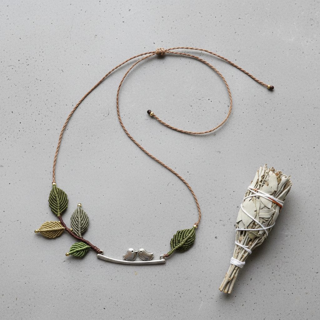 Macrame Bird Necklace - Grey concrete surface