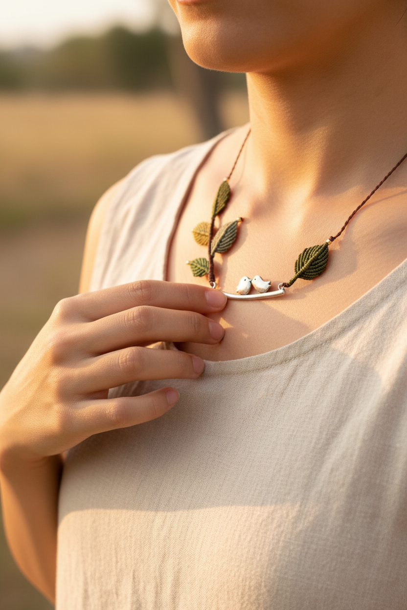 Macrame Bird Necklace - Lifestyle close-up with hand