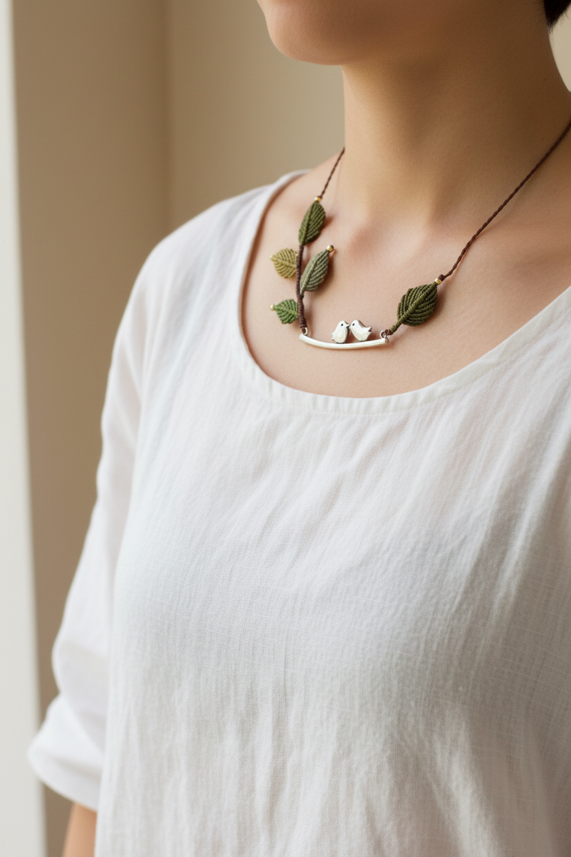 Macrame Bird Necklace - Lifestyle front view
