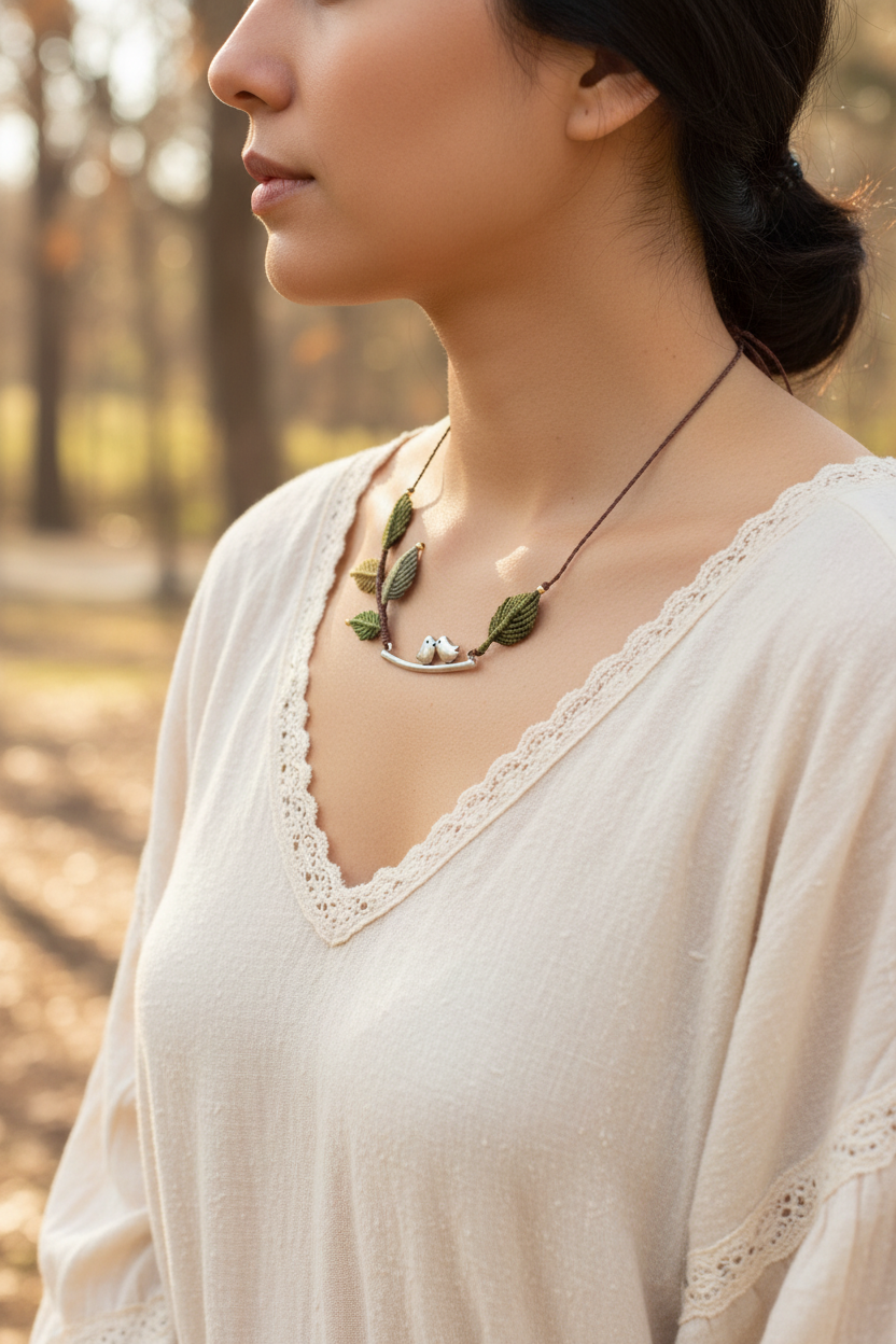 Macrame Bird Necklace - Lifestyle side angle