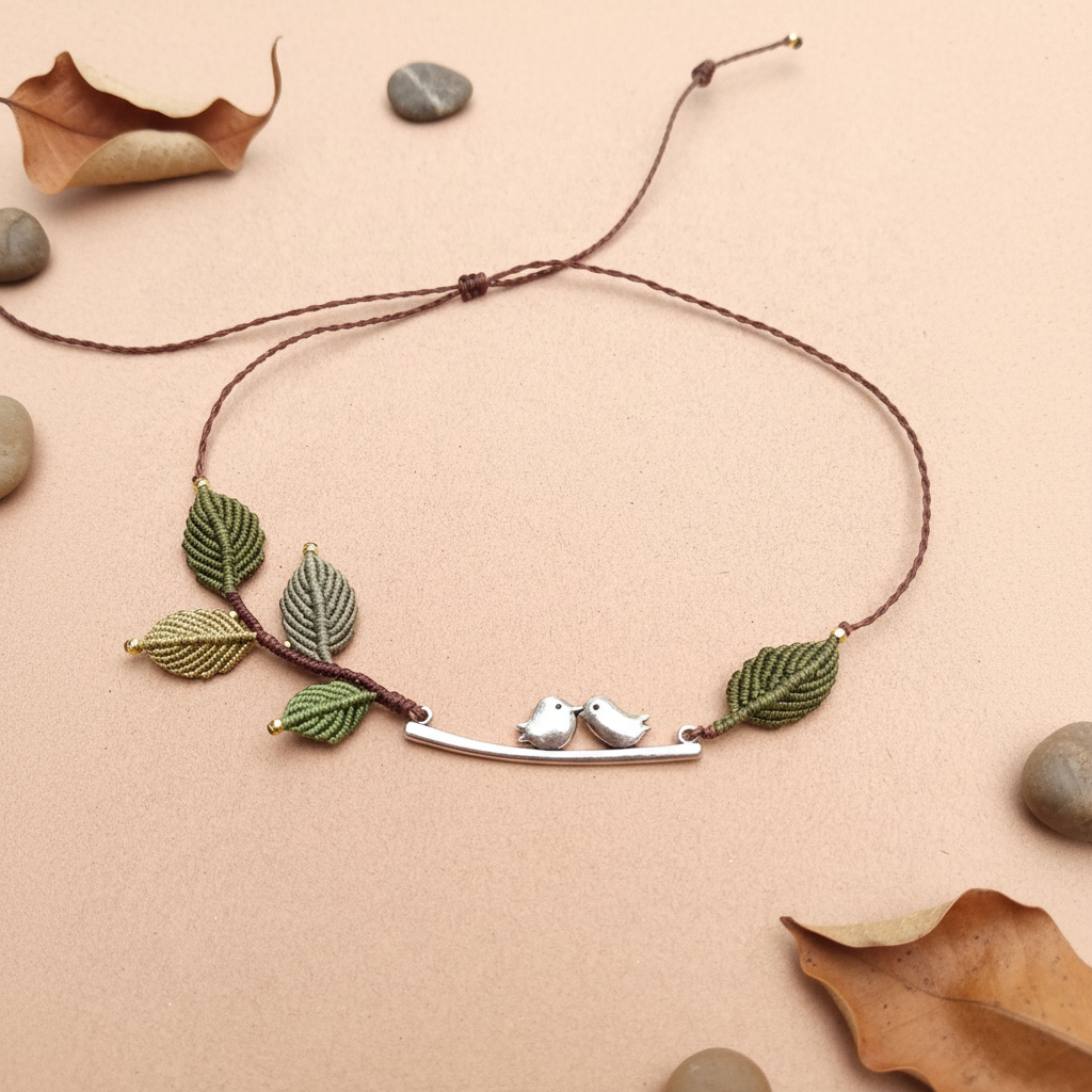 Macrame Bird Necklace - Sand-colored surface