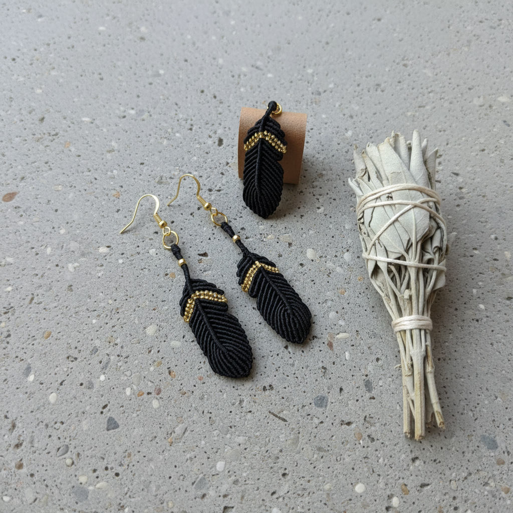 Macrame Feather Earrings - Grey concrete (exact design)