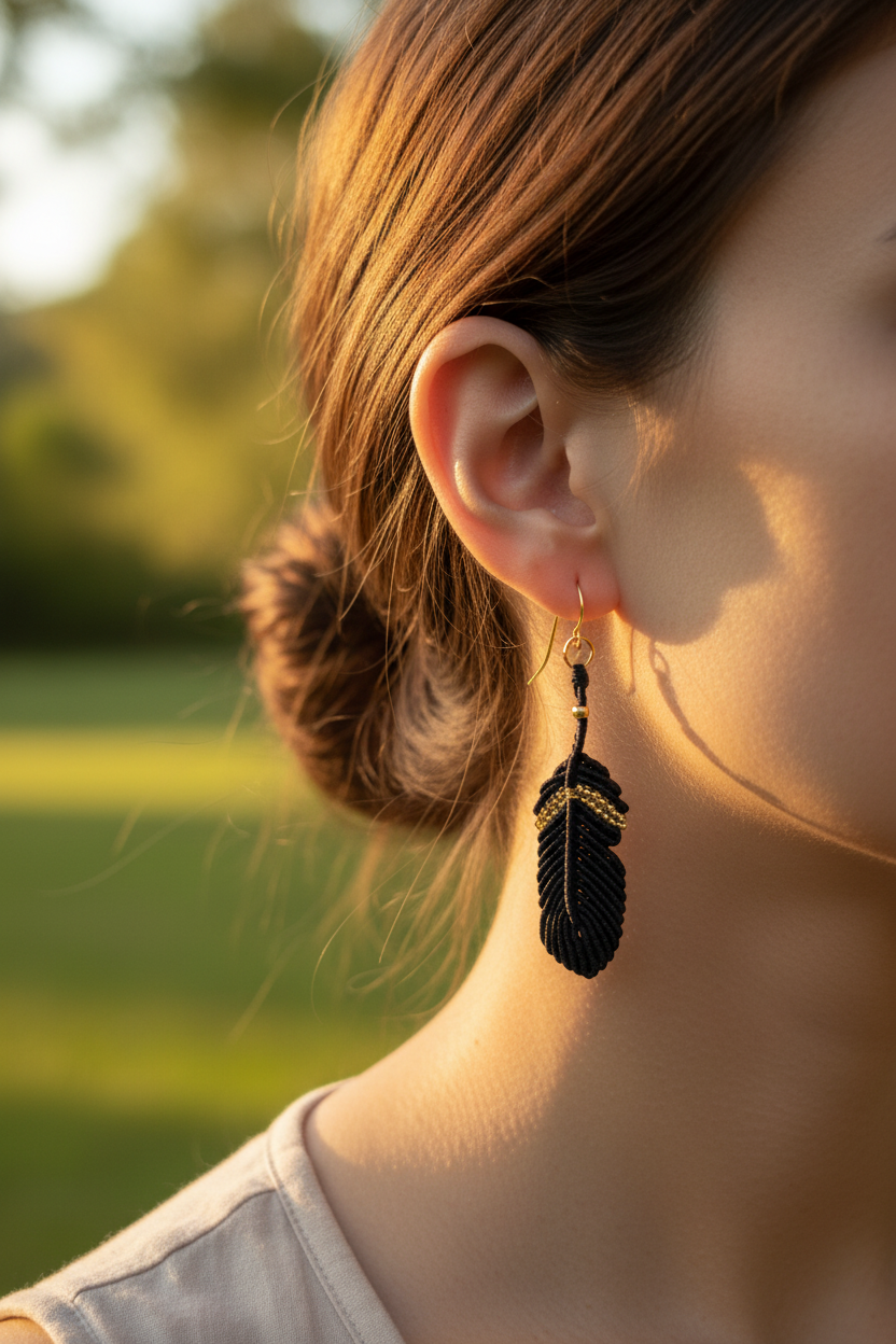 Macrame Feather Earrings - Lifestyle close-up (exact design)