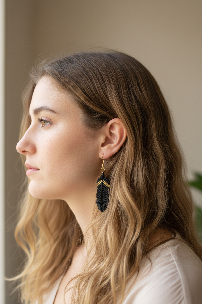 Macrame Feather Earrings - Lifestyle side view (exact design)