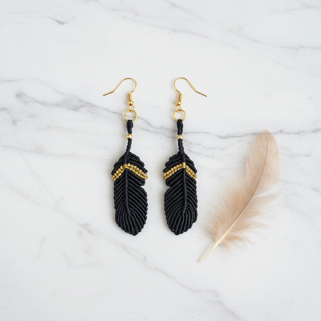 Macrame Feather Earrings - White marble (exact design)