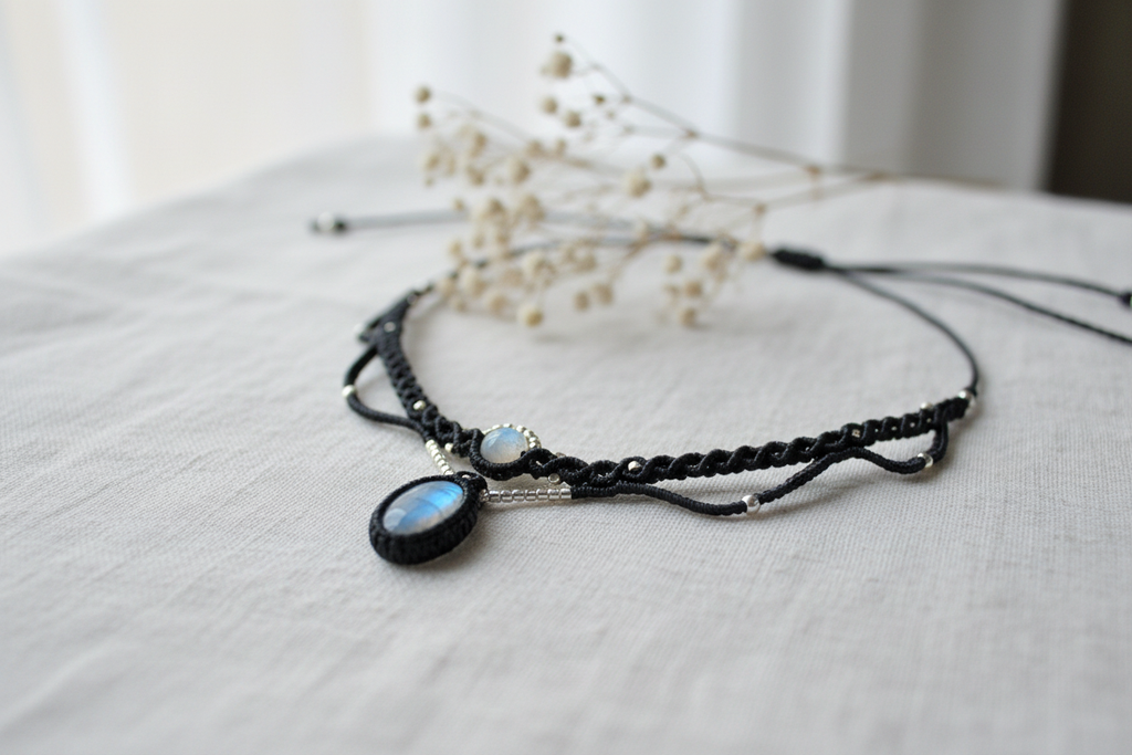 Moonstone Choker Necklace - Close-up on white linen
