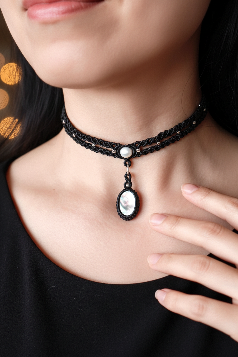 Mother of pearl choker necklace - Lifestyle close-up with hand