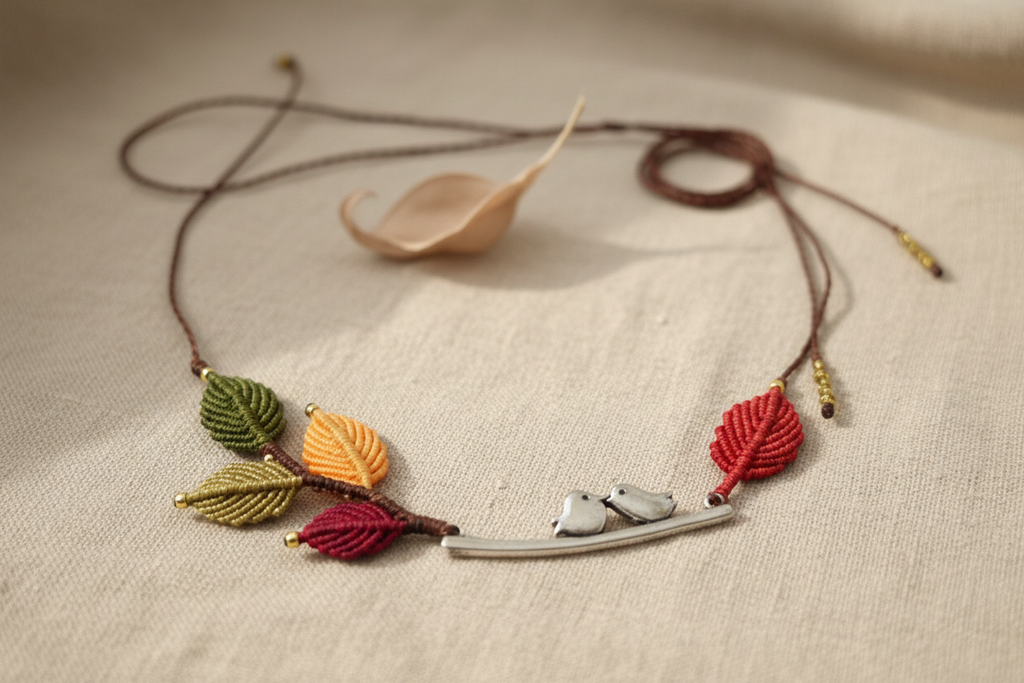 Whispering Bird Necklace - Close-up detail on linen