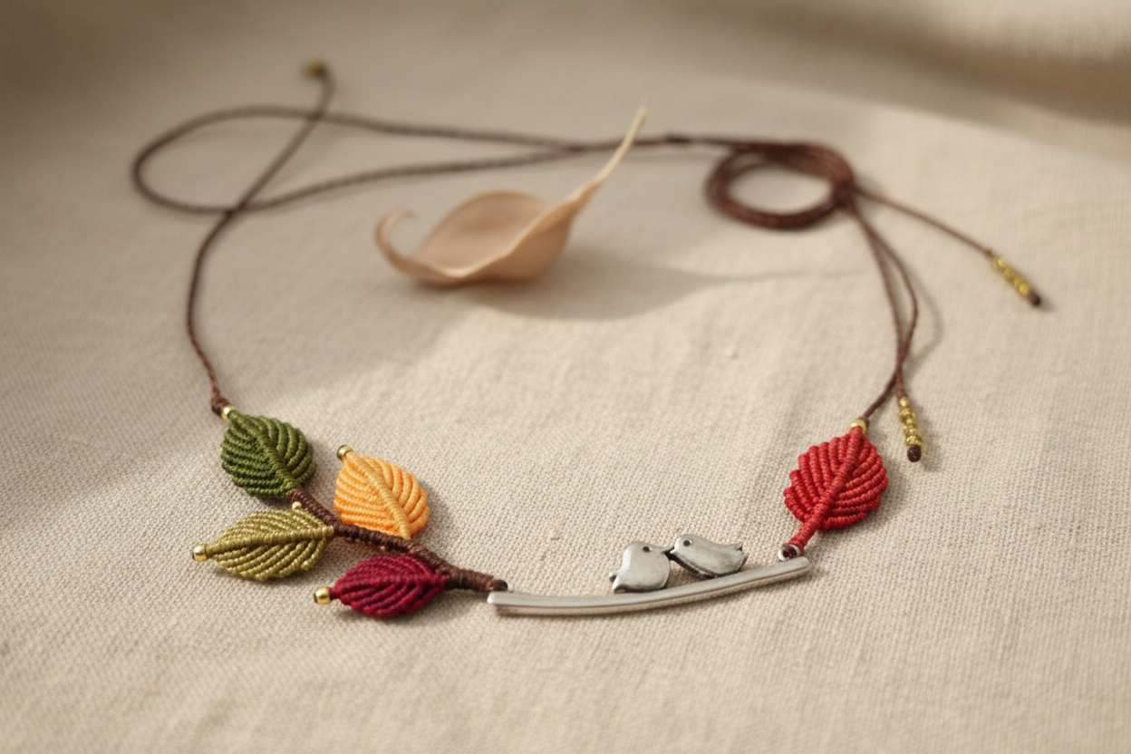 Whispering Bird Necklace - Close-up detail on linen