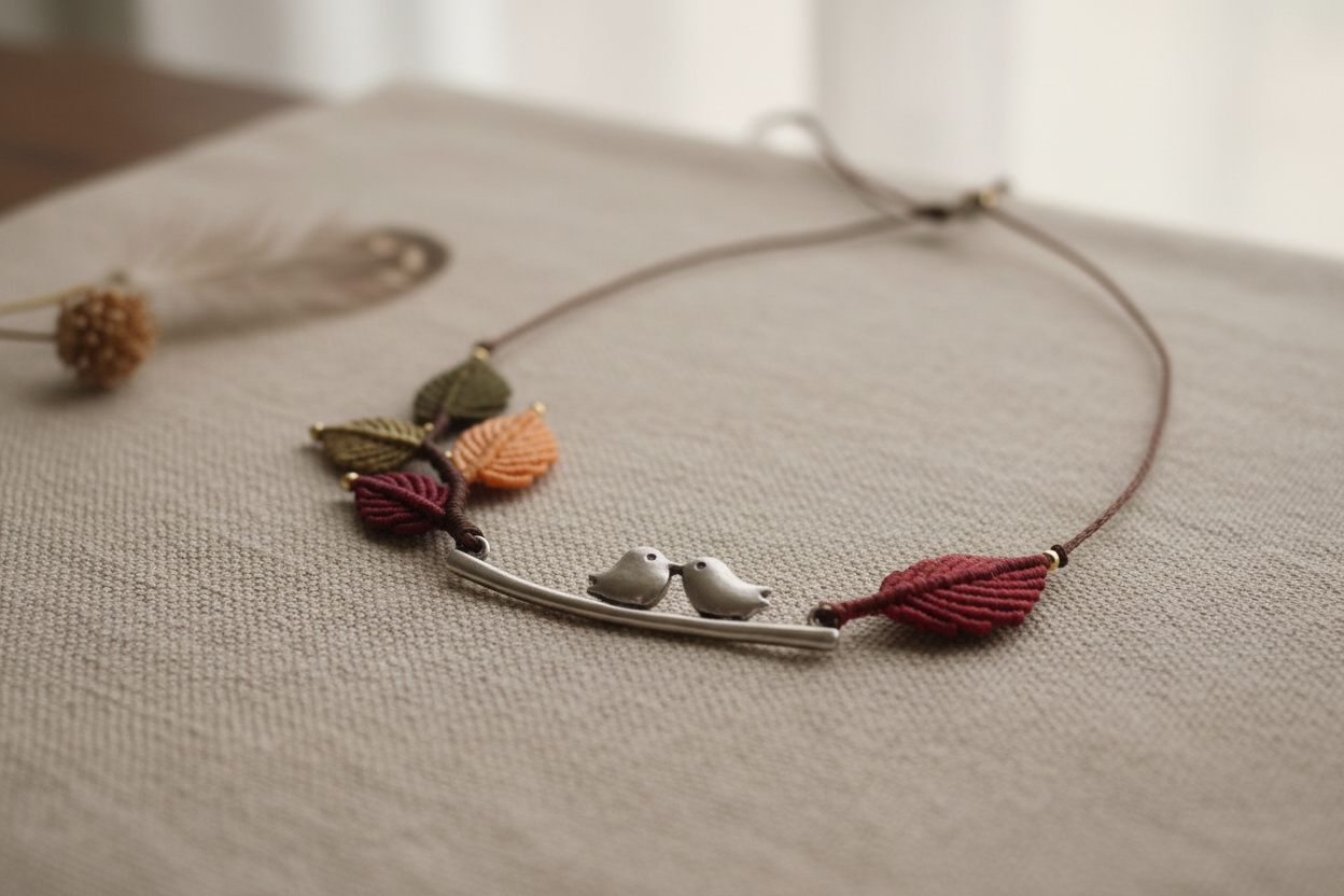 Whispering Bird Necklace - Close-up on linen