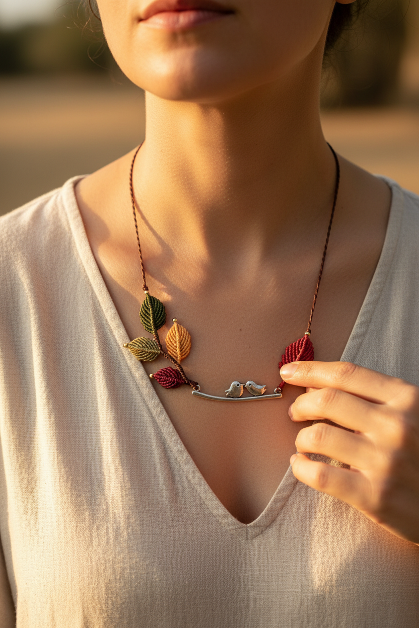 Whispering Bird Necklace - Lifestyle close-up with correct asymmetric design
