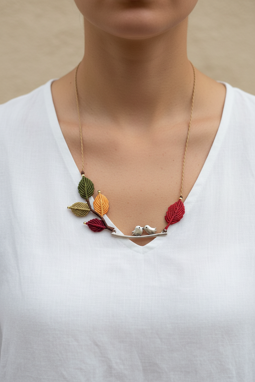 Whispering Bird Necklace - Lifestyle front view with correct leaf arrangement